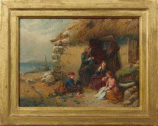 James John Hill (1812-1882, British), "Fisherman’s Hut, Ireland," 19th c., oil on panel, signed lower left and dated insitinctly, presented in a gilt 