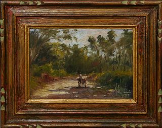 South American School, "Man with Two Mules on the Road," 1987, oil on masonite, signed indistinctly and dated lower right, presented in a carved gilt 