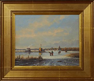 F.H. Hilverdink (Dutch), "Dutch Winter Scene," 20th c., oil on panel, signed lower left, presented in a gilt frame, H.- 7 in., W.- 8 3/4 in.,