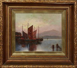 Colin Hunter (1841-1904, Scottish), "Sailboats at the Dock," 19th c., oil on canvas, signed lower left, presented in a gilt and gesso frame, H.- 12 in