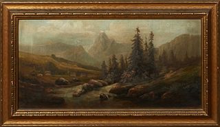 Comstock, "Mountain Landscape with Stream," 19th c., oil on canvas, signed lower right, presented in a carved giltwoodframe, H.- 11 3/4 in., W.- 23 3/