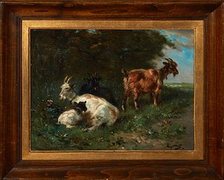 Henry Schouten (1857-1927, Belgian), "Goats Grazing," late 19th c., oil on canvas, signed lower right, presented in a birch frame with a gilt liner, H