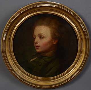 English School, "Portrait of a Young Boy in a Green Coat," 19th c., circular oil on canvas, presented in a stepped gilt circular frame, Dia.- 11 1/2 i