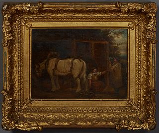 Continental School, "The Maid in the Barn," 19th c., oil on canvas laid to panel, unsigned, presented in a period gilt and gesso frame, H.- 8 3/4 in.,