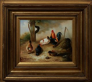 Chinese School, "Chickens in the Yard," 20th c., oil on panel, signed L. Zanetti lower left, presented in an antiqued giltwood frame, H.- 7 1/2 in., W