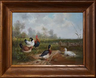 Chinese School, "Chickens and Ducks," 20th c., oil on panel, signed "S. Russet" lower left presented in an oak frame, H.- 11 1/4 in., W.- 15 1/4 in. P