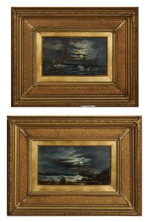 Adge Baker (Irish), " Moonlight Seascape," 20th c., pair of oils on panel, one signed lower right, both identified verso, presented in matching vintag