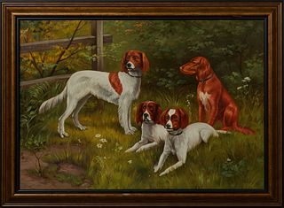 Anton Karssen (1945-, Dutch), "Four Dogs Relaxing in the Grass," 20th c., oil on canvas, signed lower right, presented in a wood grained frame, H.- 19