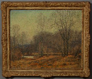 Wilson Henry Irvine (1869-1936, Connecticut/Illinois), "Autumn Forest Landscape," 19th c., oil on canvas, signed lower left, presented in an ornate pe