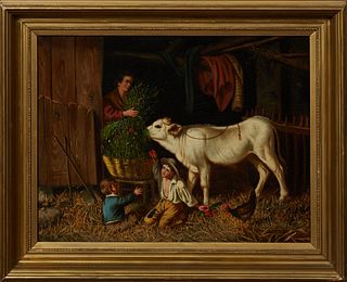 Gaetano Mormile (1839-1890, Italy), "Feeding the Calf," 1869, oil on canvas, signed and dated left center, presented in a giltwood frame, H.- 19 in., 
