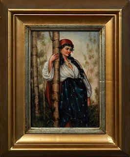 German Berlin KPM Style Porcelain Plaque, late 19th/early 20th c., of a gypsy maiden leaning on a birch tree, the back with a blue underglaze line mar