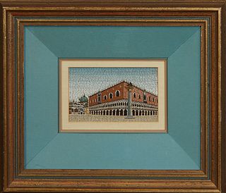 Italian Micro Mosaic of St. Peter's Square, Rome, early 20th c., presented in a burnished gilt and polychromed frame, with a blue mat and a linen line