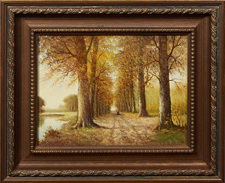 H. Verhaff (Dutch), "Woman on a Path Through the Trees," 20th c., oil on board, signed lower left, presented in a gilt and gesso frame, H.- 8 2/4 in.,