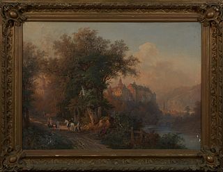 Continental School, "Travelers on the Road by the River," 19th c., oil on canvas, presented in a period gilt and gesso frame, H.- 23 1/2 in., W.- 32 3