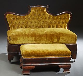 American Carved Mahogany Serpentine Window Seat, c. 1860, with a tufted arched shaped back above an upholstered seat with a wide skirt, the whole on b