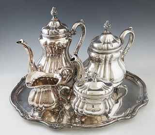 Five Piece German .835 Silver Coffee Service, early 20th c., By Wilhelm Binder (1871-1941), of baluster lobed form, consisting of a coffee pot, teapot