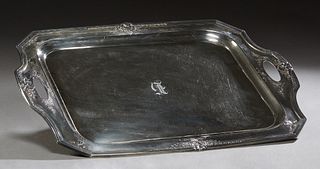 Sterling Silver Tea Tray, c. 1925, by Reed and Barton, in the "Heritage" pattern, #940C, circa 1925, the curved corner rectangular well, flanked by sh
