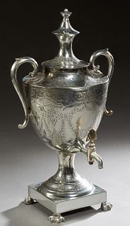 English Georgian Style Silver Plate on Copper Handled Hot Water Urn, 19th c., engraved overall with flowers and leaves, with a shell form spigot handl