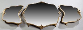 Three Piece French Gilt Bronze Mirrored Plateau, 19th c., the reeded rims of the central portion with front and rear cartouches engraved with C-scroll