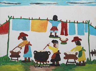 Clementine Hunter (1886-1988, Louisiana), "Wash Day," c. 1985, oil on canvas, signed lower right center, presented in an ebonized frame, H.- 17 5/8 in