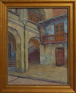 Guy Martin Chapel (1871-1954, Illinois), "French Quarter Patio," 20th c., oil on board, signed lower left, presented in a gilt frame with a beaded lin
