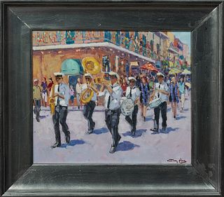 Niek van der Plas (1954- , Dutch), "Brass Band in the French Quarter," 20th c., oil on panel, signed lower right, presented in a wide silvered frame, 