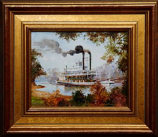 Robert M. Rucker (1932-2000, Louisiana), "Paddlewheeler on the River," 20th c., oil on canvas, signed lower right, presented in a mottled gilt frame, 