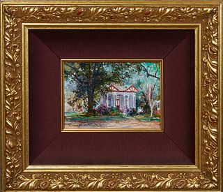 Robert M. Rucker (1932-2001), "Country House," 20th c., oil on board, signed lower left, presented in a gilt frame with a linen liner, H.- 4 3/8 in., 