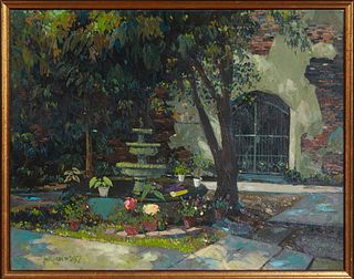 Don Wright (1931-2007, Louisiana), "New Orleans Courtyard Scene," 1982, oil on canvas, signed and dated lower left, presented in a gilt frame, H.- 24 