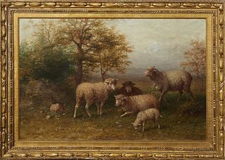 George Riecke (1848-1930, New York/Wisconsin), "Sheep in a Pasture," 19th c., oil on canvas, signed lower left, presented in a gilt relief carved fram
