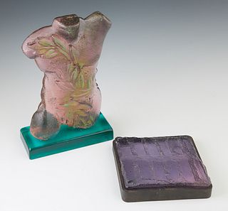 Mitchell Gaudet (1962-, Studio Inferno, New Orleans), Two Molded Glass Sculptures, 20th c., one of a nude torso in pink, the other of bricks, Torso- H