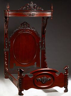 Contemporary Mitchell and Rammelsberg Style Queen Size Carved Mahogany Half Tester Bed, 20th/21st c., the bowfront tester with a pierced leaf form cre