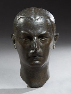 Dora Gordine (1906-1991, English),"Head of a Man," 20th c., patinated bronze, signed verso, with a mark for the Valsuani Foundry, H.- 15 1/2 in., W.- 