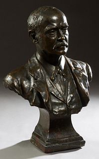 English School, "D. Arthur Thomas," 1899, patinated bronze bust, on an integral stepped sloping marble plinth, titled and dated verso, H.- 25 in., W.-