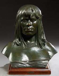 C. & A. F. Ross, "America," 20th c., large patinated bronze bust, signed on the proper left shoulder, presented on a stepped wooden plinth, Bust- H.- 