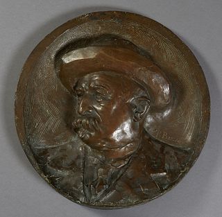 Prassitele Barzaghi (1880-1921), "Relief Male Profile Medallion," 20th c., patinated bronze, signed on proper left front next to the figure, H.- 19 1/