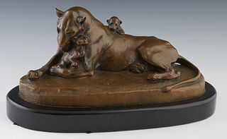 Victor Peter (1840-1918, French), "Lionne et lionceaux," 19th c., patinated bronze, with an impressed signature proper right front of base, verso with
