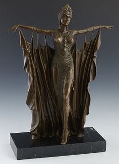 In the Style of Dimitri Chiparus (1886-1947), "Semiramis," late 20th c., patinated bronze, on a figured black marble base, H.- 21 in., W.- 15 in., D.-