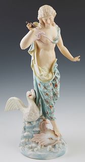 Meissen Style Polychromed Porcelain Figure of Leda and The Swan, 20th c., probably Volkstedt, the underside impressed "II97, and "19," H.- 16 1/4 in.,