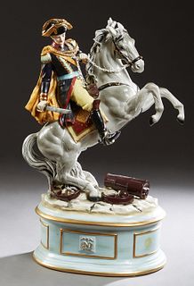 Large Meissen Style Polychromed Porcelain Figure, 20th c., of Napoleon on Horseback, holding a sword, on an integral stepped base with relief ruins of