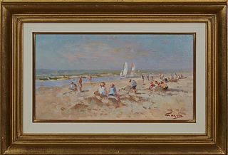 Niek Van Der Plas (1954-, Dutch), "A Day at the Beach," 20th c., oil on panel, signed lower right, presented in a gilt frame with a gilt edge polychro
