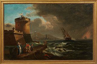 Italian School, "Harbor Scene with Departing Ship and People on the Dock," 19th c., oil on canvas, presented in a gilt frame with a beaded liner, H.- 