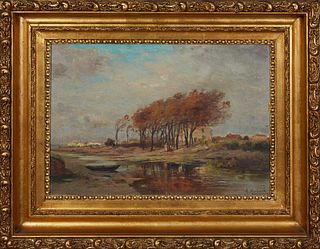 A. Marbeauf, "Low Tide," 19th c., oil on canvas, signed lower right, presented in a gilt and gesso frame with a beaded liner, H.- 14 1/2 in., W.- 21 1