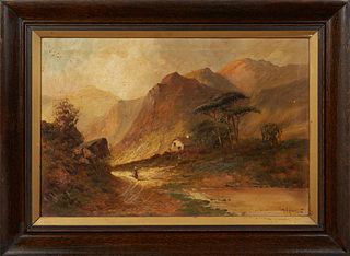 Montgomery D. Ansell (English), "Woman on the Road by the Loch," 1874, oil on canvas, signed lower right, presented in a mahogany frame, H.- 15 7/8 in