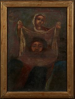 Continental School, "Mary and Jesus," 19th c., oil on board, presented in a gold painted frame, H.- 20 1/4 in., W.- 14 1/4 in. Provenance: Personal co