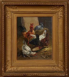 Henri Schouten (1857-1927, Dutch), "Chickens in a Barn," 19th c., oil on canvas, signed lower right, "Jos. Max.," presented in a period gilt and gesso
