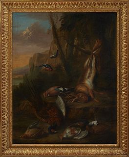 Continental School, "Natur Morte Landscape," 19th c., oil on canvas, presented in a wide giltwood frame, H.- 39 1/2 in., W.- 49 3/8 in.