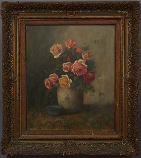Hendrik Heyliggers (1867-1967, Dutch), "Still Life of Roses in a White Vase," early 20th c., presented in a period gilt and gesso frame, H.- 23 in., W