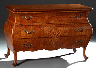 Dutch Style Marquetry Inlaid Burled Walnut Bombe Commode, 20th/21st c., the stepped canted corner top over a cavetto frieze drawer above two deep bomb