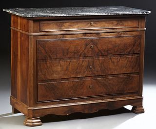 French Louis Philippe Carved Walnut Marble Top Commode, 19th c., the canted corner reeded edge figured grey marble over a frieze drawer, on a plinth b